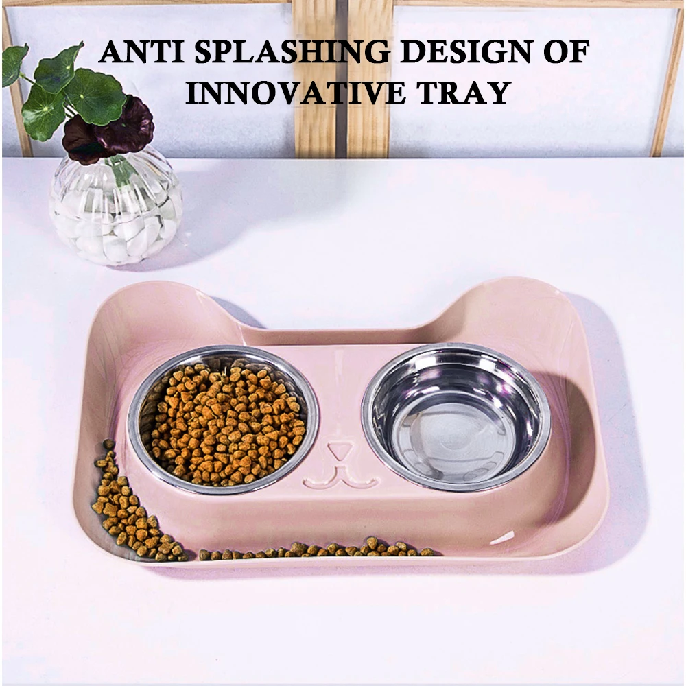 Leakproof No Spill Double Stainless Steel Dish Cat Feeding Pet Drinking Bowl Food Feeder Dog Cat Food Container tray