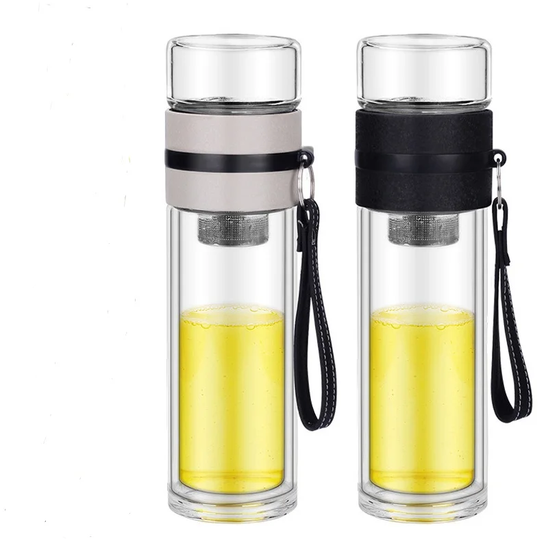 325ml Glass Water Bottles for Dink Tea with Infuser Double Wall Bottle for Water Brief Portable Outdoor Travel Beige & Black