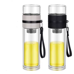 325ml Glass Water Bottles for Dink Tea with Infuser Double Wall Bottle for Water Brief Portable Outdoor Travel Beige & Black