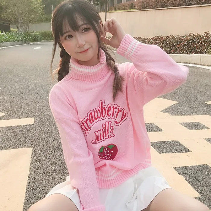 Cute Strawberry Embroidered Loose Sweater Women\'s Sweaters Japanese Kawaii Ulzzang Female Korean Harajuku Clothing For Women