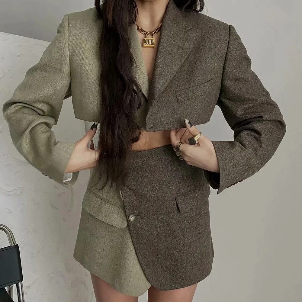 XIKOM Women Two-piece Set Vintage Color Matching Office Lady Single Button Short Blazer Female Casual Slim High Waist Skirt Suit