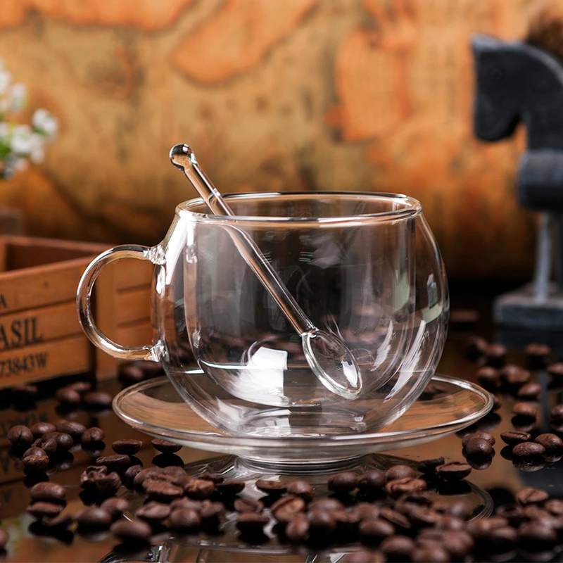 Double Wall Glass Transparent Scented Tea Cups And Saucers  Anti Scald Vacuum Cappuccino Latte Coffee Mug With Spoon Gift BOX