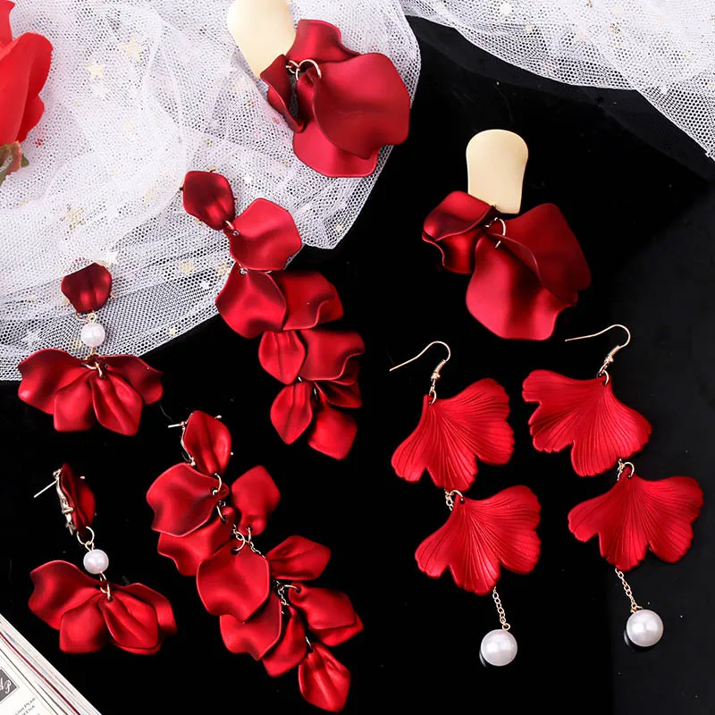 XIYANIKE 15 Style Korean Earrings For Women 2020 Big Red Long Flower Drop Earrings Elegant Wedding Party Hanging Ear Accessories