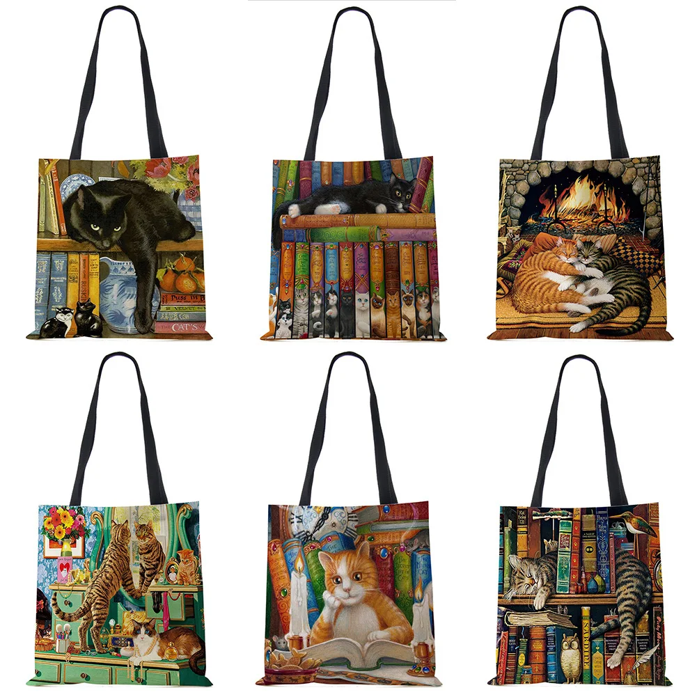 Customize Oil Painting Cat Print Womens Designer Tote Bags Linen Reusable Shopping Bag For Groceries Shoulder Bags for Lady