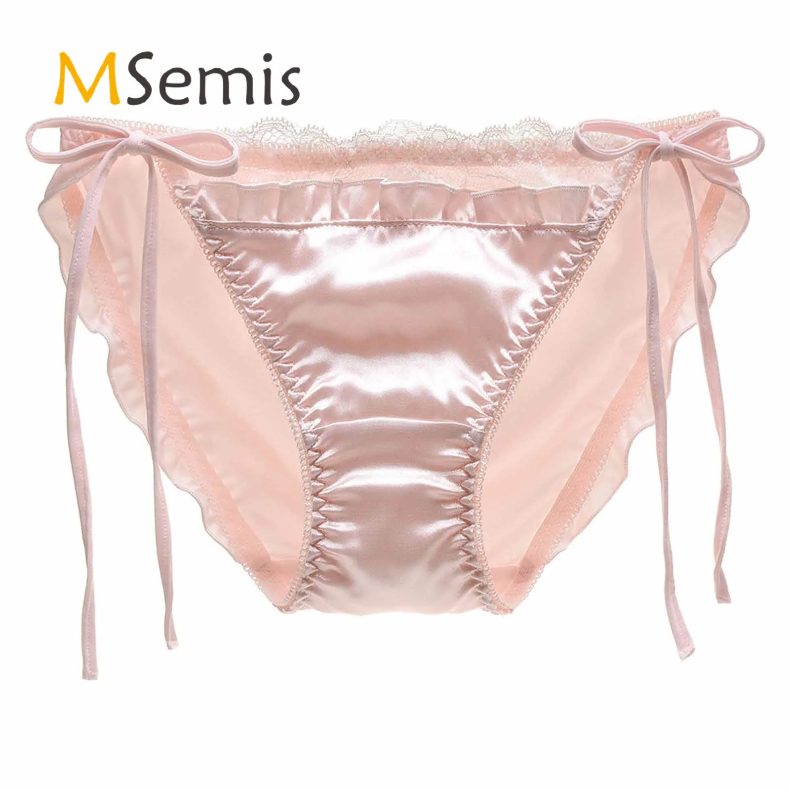 Womens Lace Trim Underwear Satin Briefs Ladies Solid Color Sides Lace-up Pleated Panties Elastic Waistband Underpants