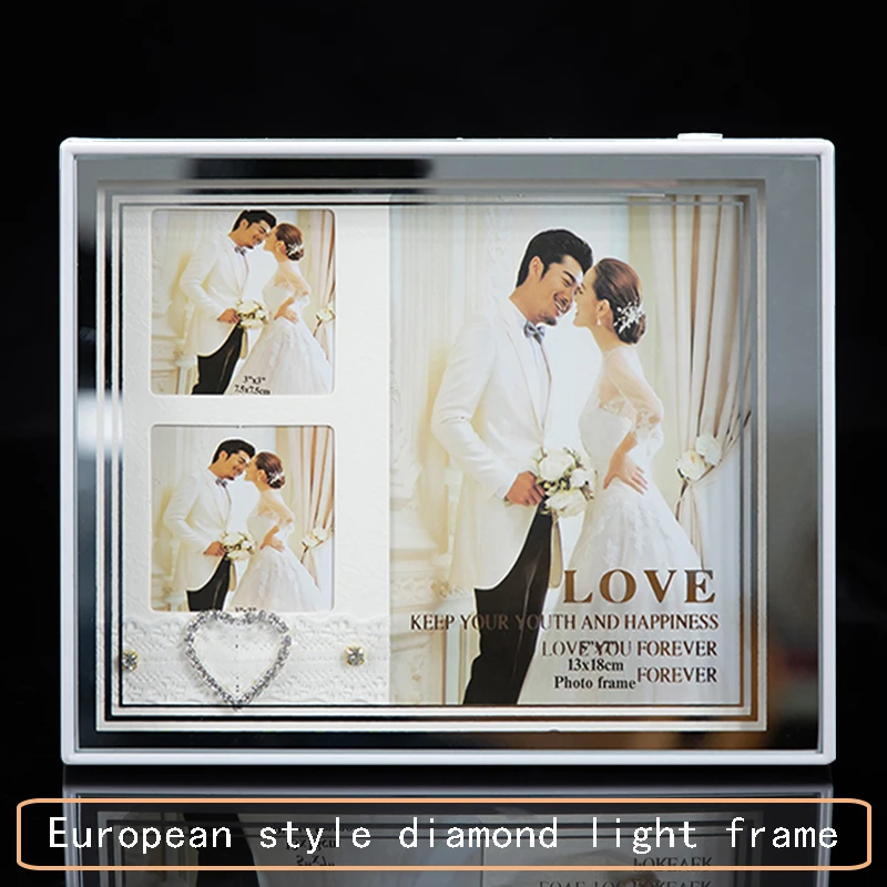 European style fashion photo frame white color photo frame with light LED USB, used for art decoration display frame