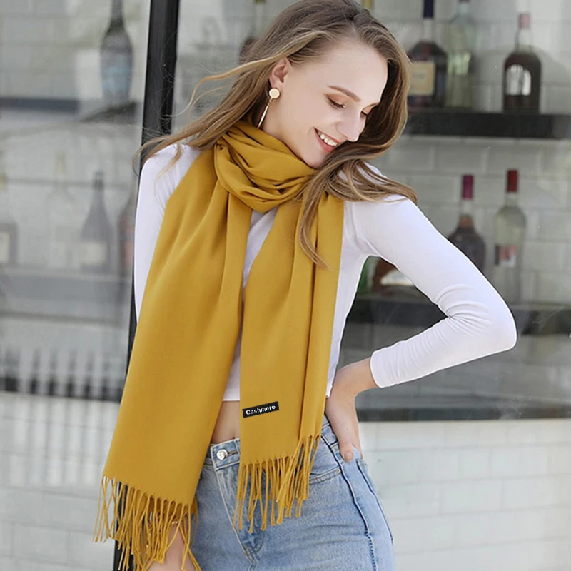 Bufanda de Cachemira de marca de lujo para mujer, Bandana con borlas, chal sólido, Foulard, Tippet, Pashmina, Invierno