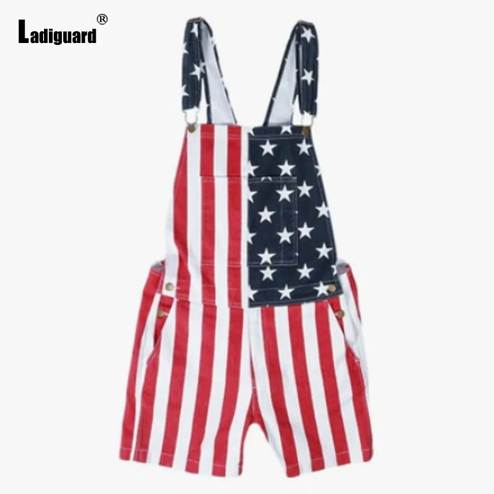 Plus Size 5xl Mens Fashion Denim Overalls Boyfriend American Flag Print Short Jeans New Summer Casual Suspender Jean Playsuits