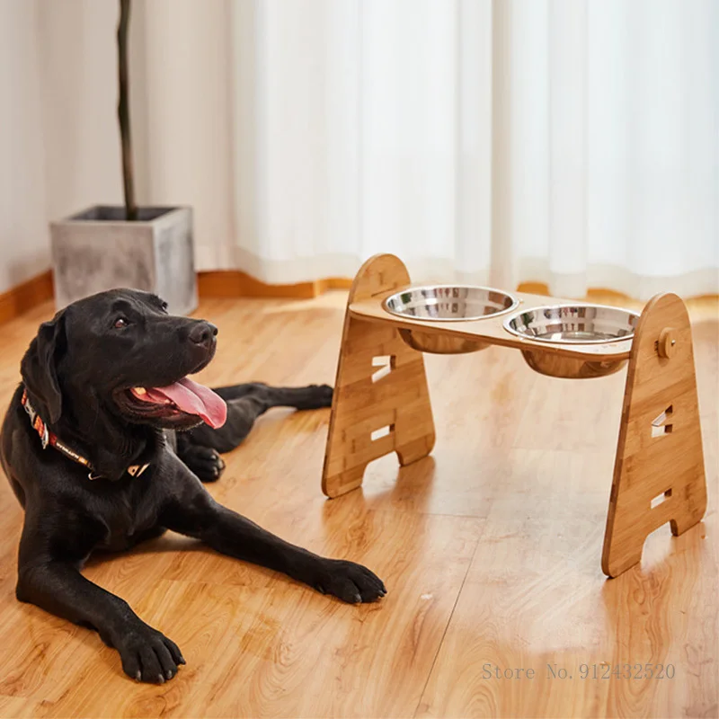 Stainless Steel Double Bowl Pet Bowl, Adjustable Bamboo Wooden Stand, Oblique Neck Dog Bowl, Medium and Large