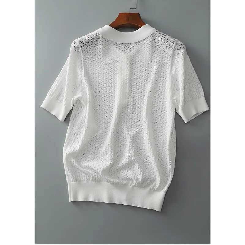 2023 Diamond Eyelet Hollow Out Elegant Thin Pullovers Summer Polo Collar Loose Knitted Tshirts Short Sleeve Cotton Elastic Tops