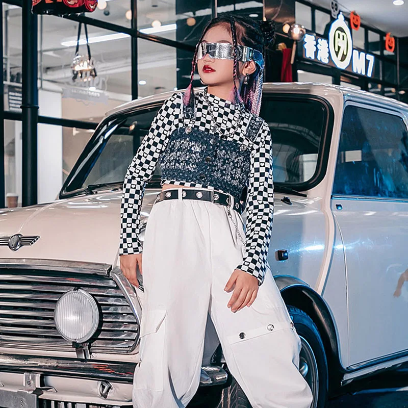 

Girls Jazz Dance Costumes New Fashion Plaid Tops White Pants For Hip Hop KIds Street Dance Stage Performance Clothing DQL6389