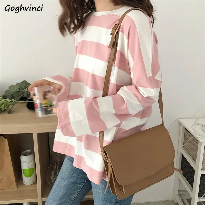 Long Sleeve T-shirts Women Spring Striped Loose 2XL Korean Style All-match Casual Womens Trendy Ins Teens Street Wear Simple New