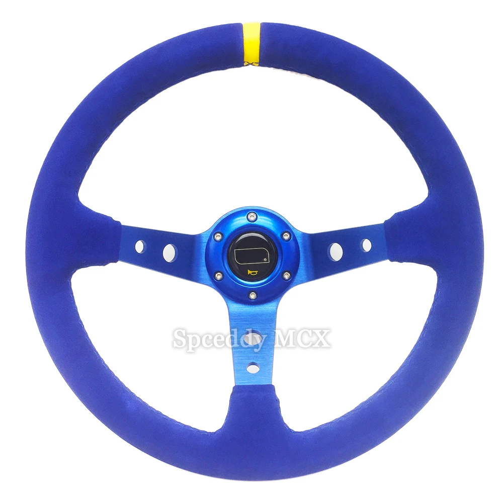 OM-Sports Steering Wheel 14 Inch Deep Corve Drifting Suede Leather 350mm Car Steering Wheel With Horn Button 6-Hole Black Blue