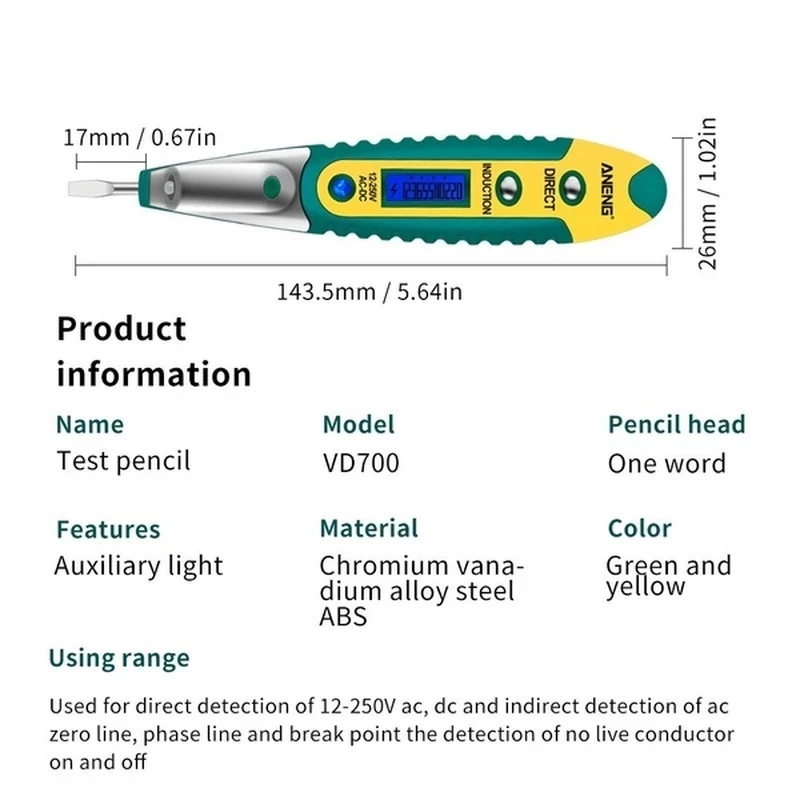 VD700 Digital Electric Test Pen AC/DC 12-250V Multifunction Voltage Detector Pencil Portable LCD Display Mini Electrician Tester
