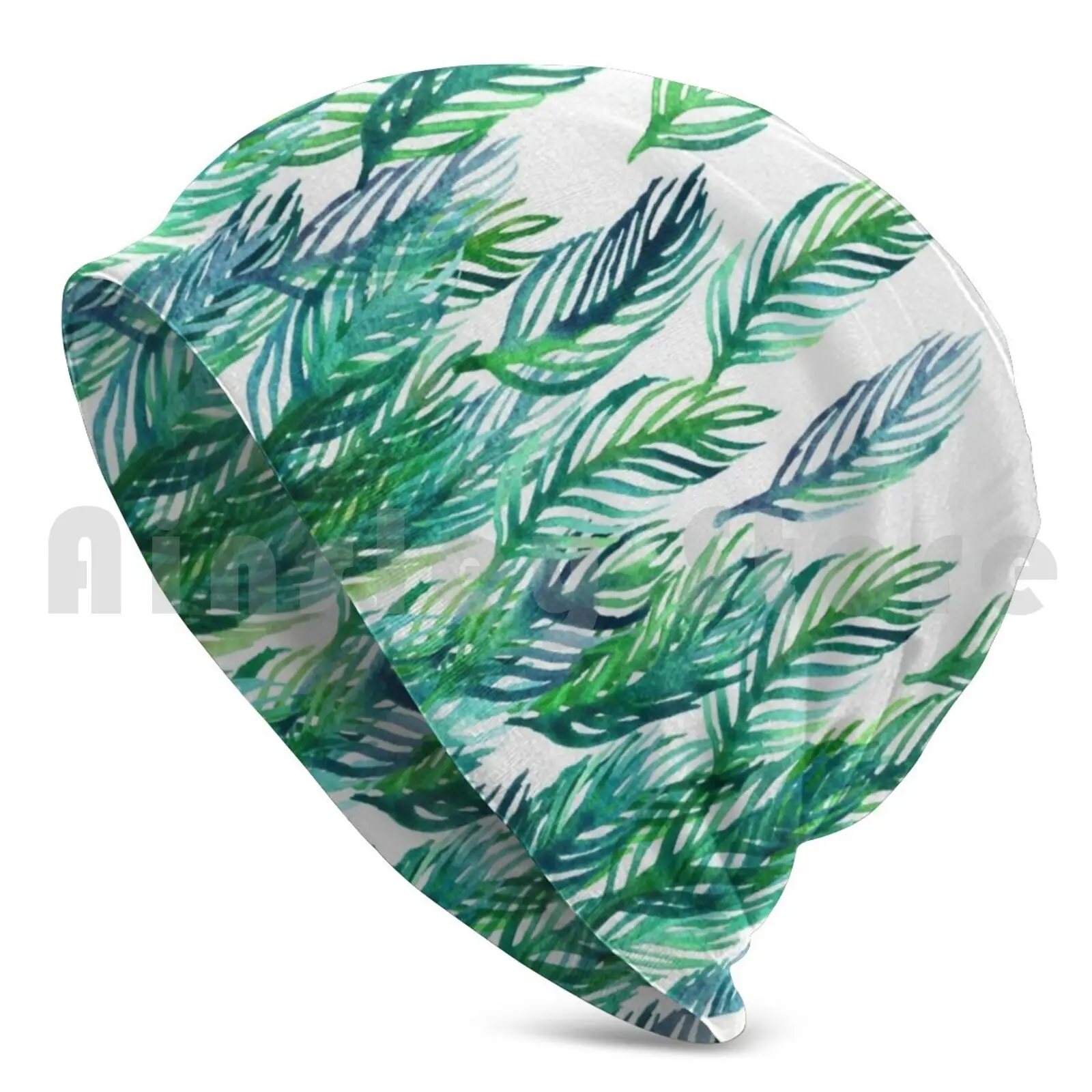 Jungle Rising Beanie Hedging Cap DIY Print Cushion Watercolor Leaves Nature Pattern White Green Emerald Jade Green And