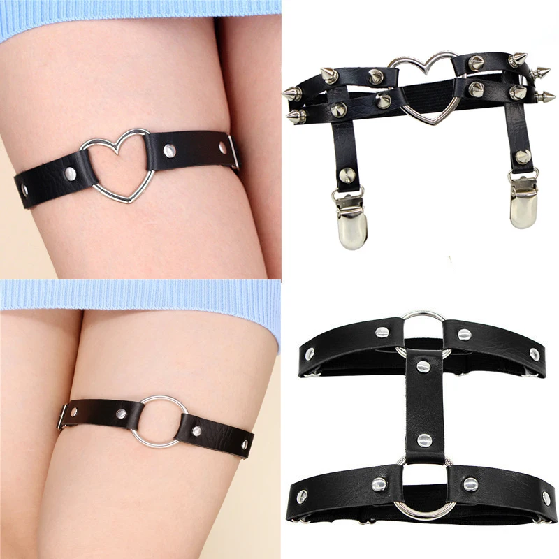 Women Sexy Punk Goth Heart PU Leather Elastic Harness Garter Belt Leg Thigh Ring Clothing Accessory Spring Summer Suspender