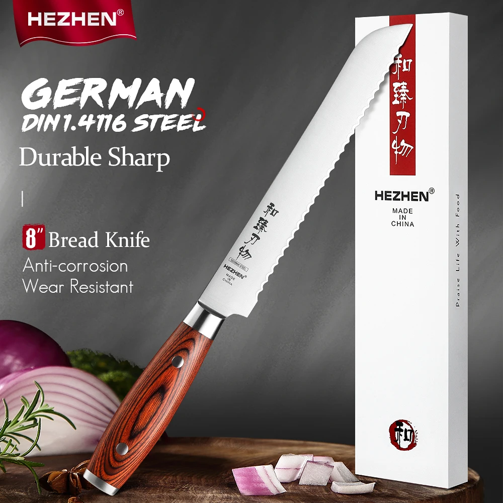 HEZHEN 8 Inches Bread Knife High Carbon Stainless Steel Pakka Wood Handle German DIN1.4116 Steel Beautiful gift box Kitchen Tool