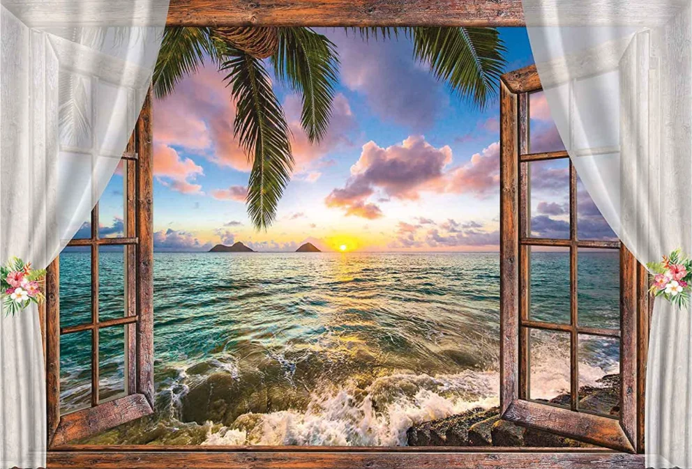 Tropical Island Seaside Scenery Window Photography Backdrop Summer Ocean Scene Sunshine Palm Leaves Windowsill Photo Background