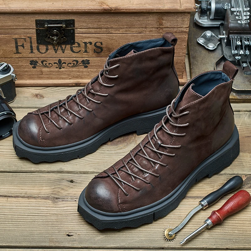 US6-10 New Man Soft Leather Motorcycle Coffe Short Face Riding Boots Cool Men's Fashion Punk Shoes All-match