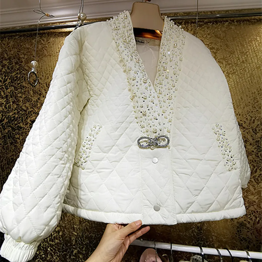 

Shiny rhinestones beading heavy work winter cotton padded coat women fashion v-neck loose small fragrance outwear