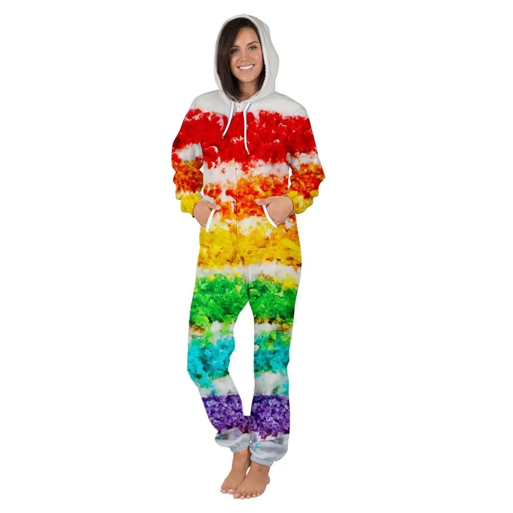 Kobiety jesień kombinezon Onesie z kapturem dla dorosłych 3D drukuj z długim rękawem Zipper Playsuit body piżama Plus rozmiar bielizna nocna