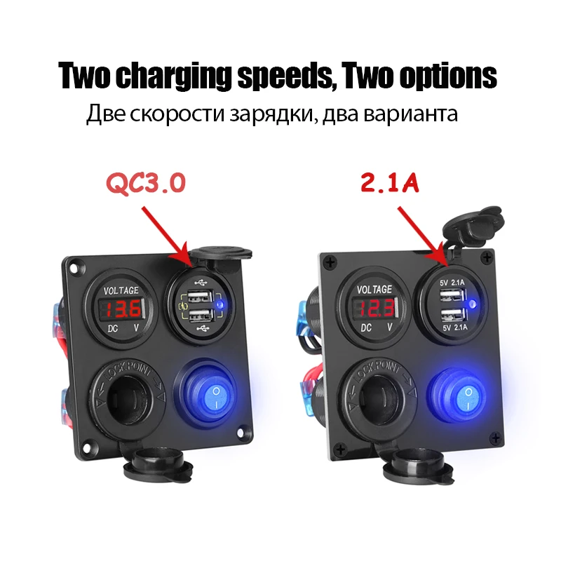 Car Charger Switch Panel with Voltmeter Dual USB 12V 4.2A Cigarette Lighter Socket ON/Off Rocker Switch Adapter 4 in 1 Panel