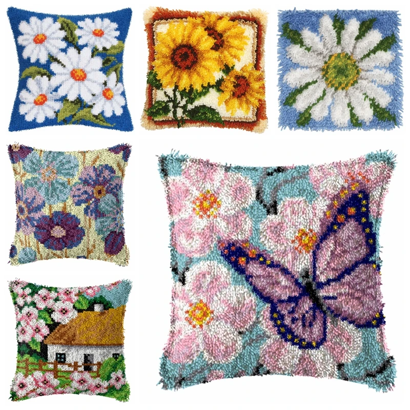 

Beautiful Flowers Butterfly Carpet Embroidery Latch Hook Kit Foamiran Button Pad Package Smyrna Package Carpet knoopkussen