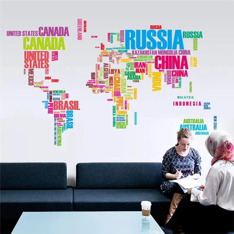 English Country Name Shape World Map Wall Stickers For Office Living Room Decor Home Decals Global Maps Mural Art Posters