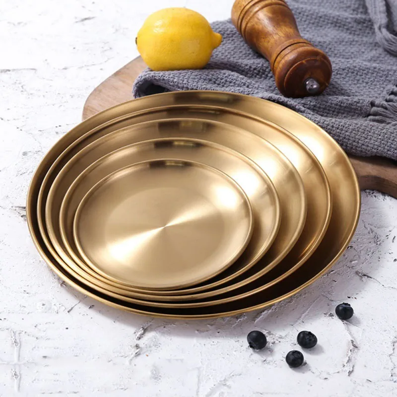 Golden Stainless Steel Storage Tray Luxurious Brass Gold Round Plate Fruit Cake Steak Snack Kitchen Metal Storage Wholesale