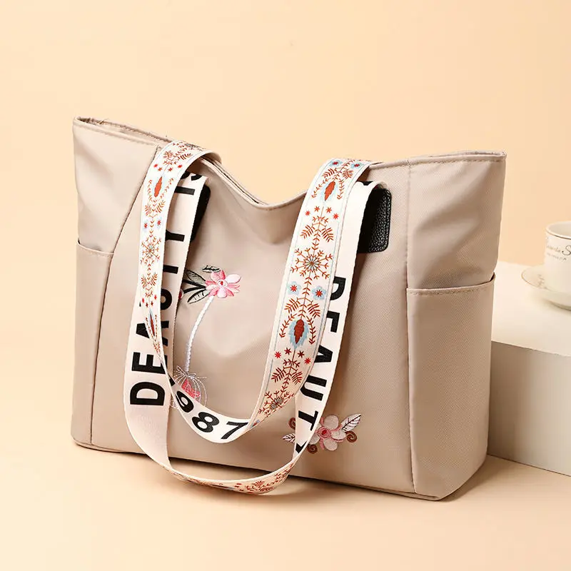 2024 New Arrivals Embroidery Women Handbag Nylon Waterproof Casual Tote Shopping Bag Large Capacity Female Shoulder Bags