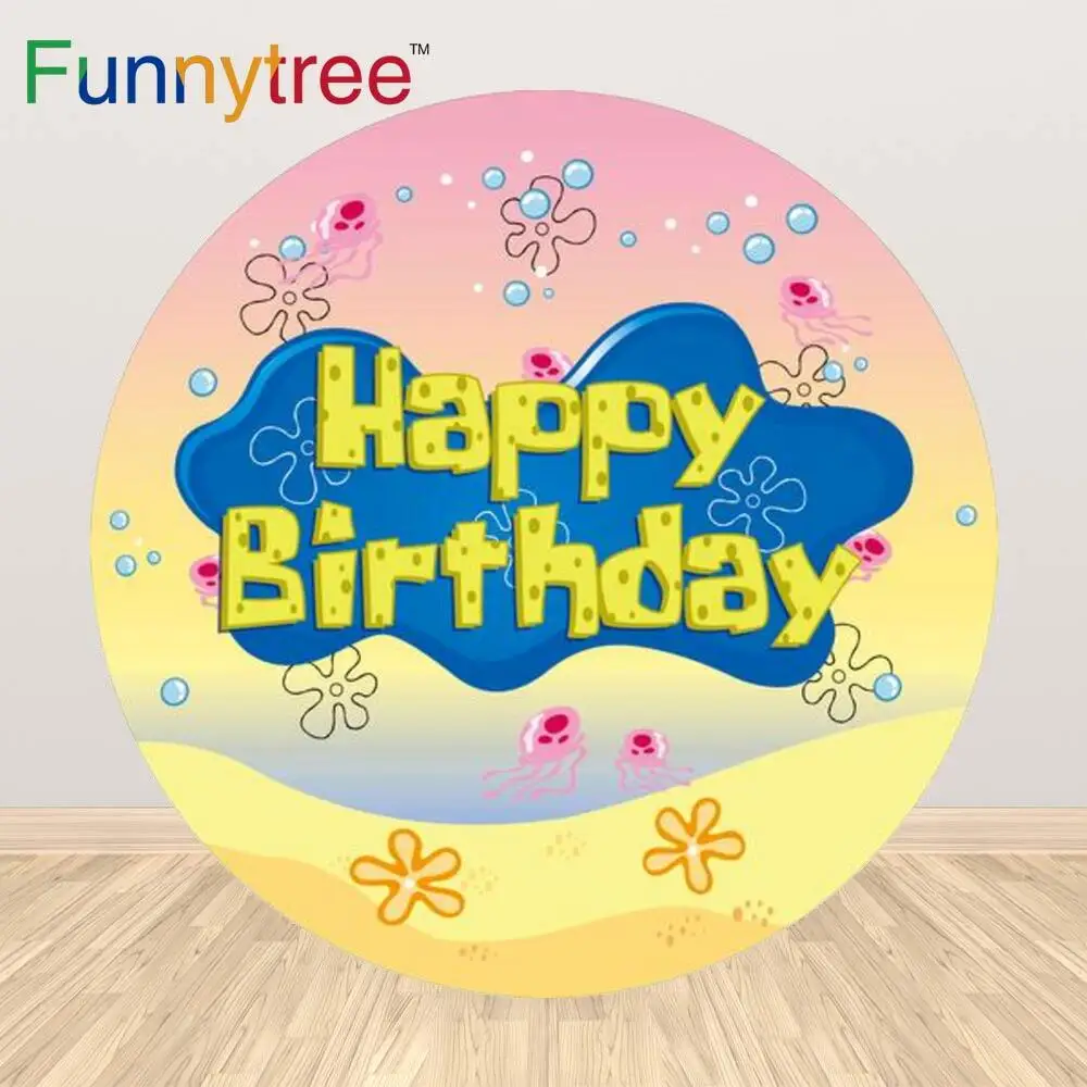 

Funnytree Cartoon Happy Birthday Theme Circle Background Beach Jellyfish Bubble Baby Shower Custom Backdrop Photocall Prop