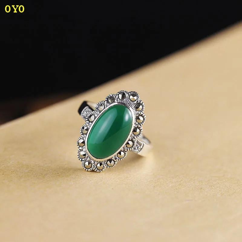 

100%S925 Sterling Silver Jewelry Thai Silver Lady Chrysoprase Ring Manufacturer Direct Sales