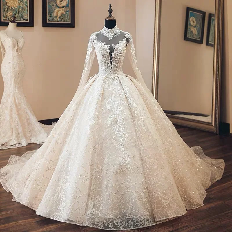 

Elegant Wedding Dress High Neck Lace Appliques Long Sleeves Bridal Gowns Custom Made Lace Up Floor Length Vestido de novia