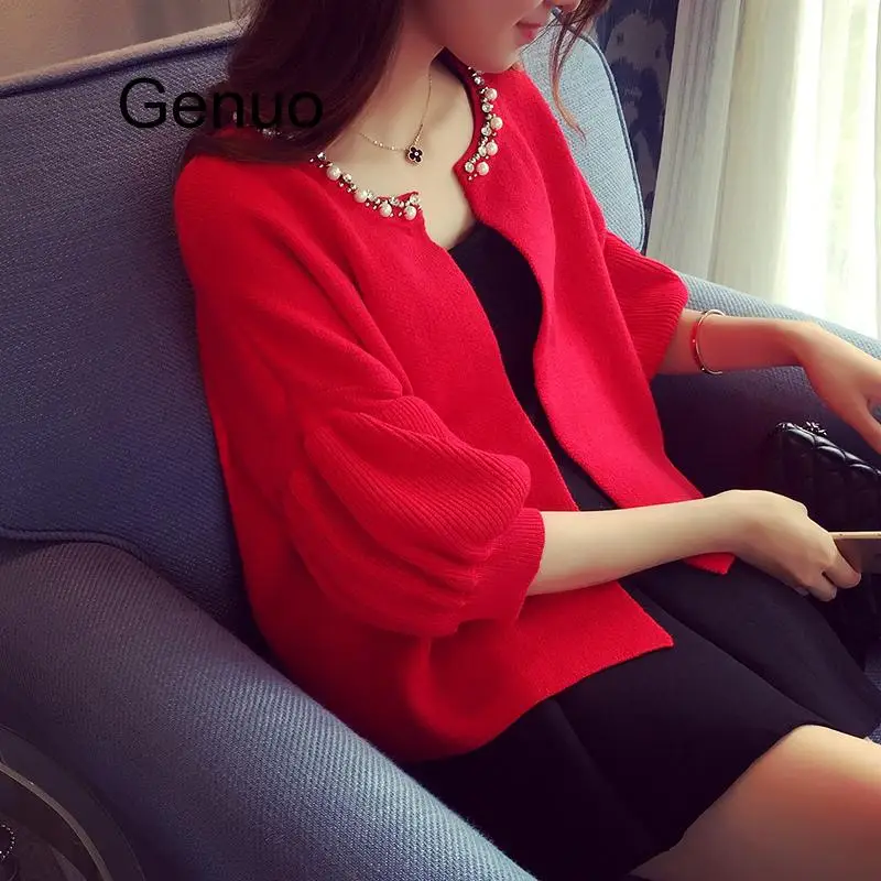 2020 Women Knitted Sweater Korean Style  Loose Coat O Neck Diamond Bead Collar Sweet Sweaters Cardigan Jacket