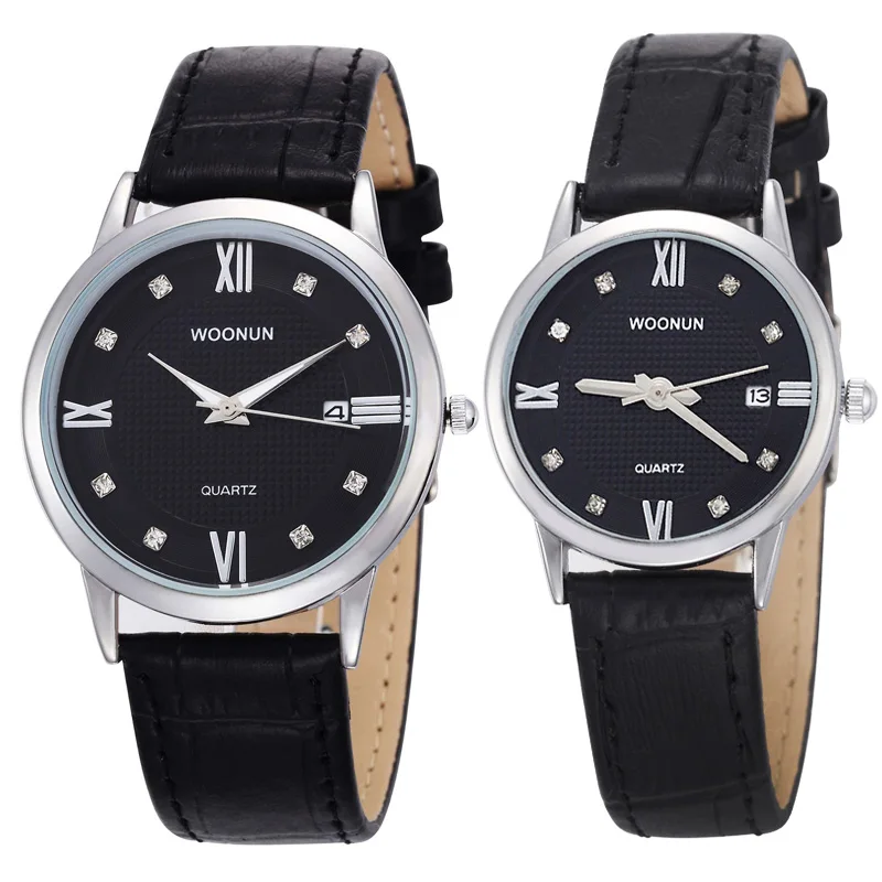 Top Brand Luxury Gold Couple Watches WOONUN Lovers Leather Strap Rhinestone Quartz Couple Watches Set Vestidos De Lujo Cinturon