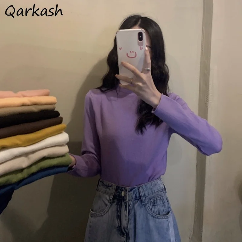 

Solid Pullovers Women Slim Fit All-match Simple Elegant 11 Colors Girls Lovely Half High Collar Sweater Basic Spring Daily New