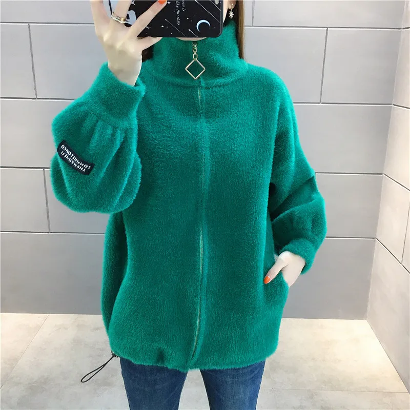 Winter Thick Faux Mink Cashmere Turtleneck Knitted Sweater Women Cardigan Loose High Collar Long Sleeve Knit Jacket Coat Female