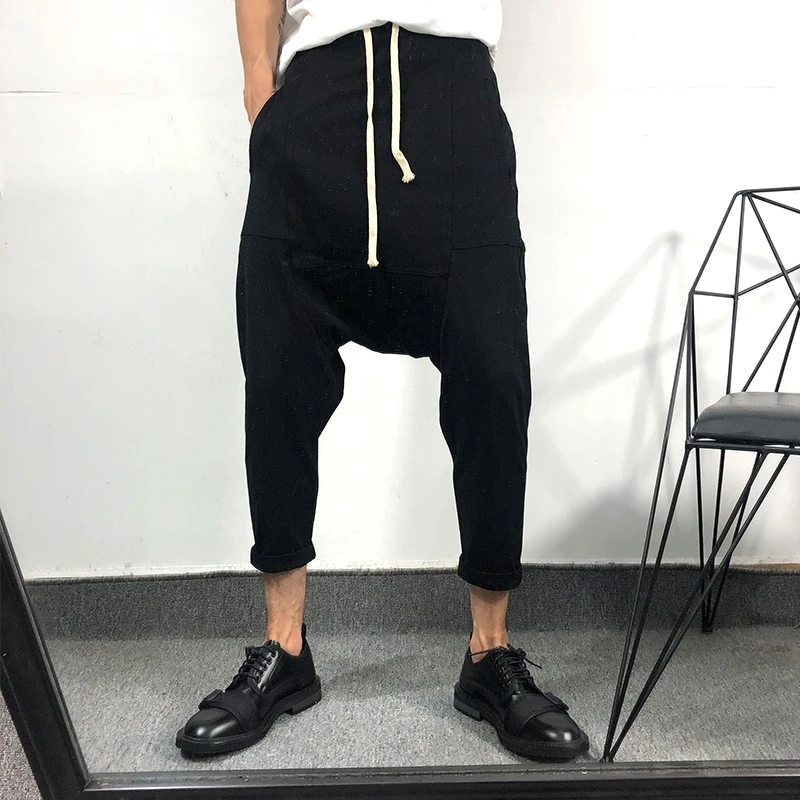 

Men's Casual Pants Spring/Summer New Solid Color Elastic Waist White Lace-Up Loose Low Stop Harlan Pants Slim Legs Hem Pants