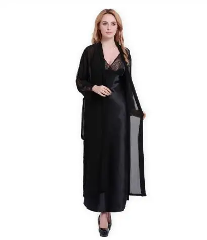 Fashion New Silk Robes + Nightdress Two-Piece Women Sleepwear Sexy Lace V-Neck Sleeping Robe Long-Sleeve Nightgowns FW001