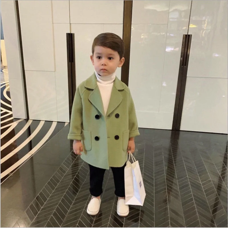 Winter Grid Jackets Boys Girls Woolen Double-breasted Baby Boy Trench Coat Lapel Autumn Kids Outerwear Coats Wool Coat Overcoat