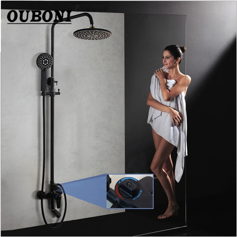 

OUBONI Black Painting Wall Mounted Thermostatic Temperature Bathroom Shower Mixer Tap Faucet Set Rainfall Round Adjustable Hand