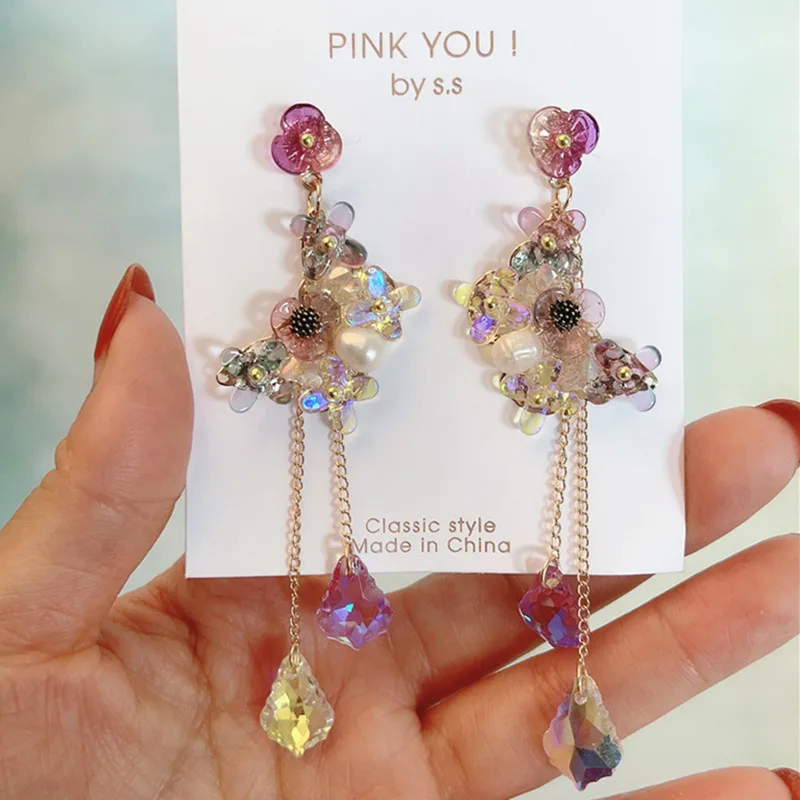 MWSONYA Korea Colourful Crystal Butterfly Earrings for Women Long Chain Tassel Temperament Flowers Drop Pendant Earring