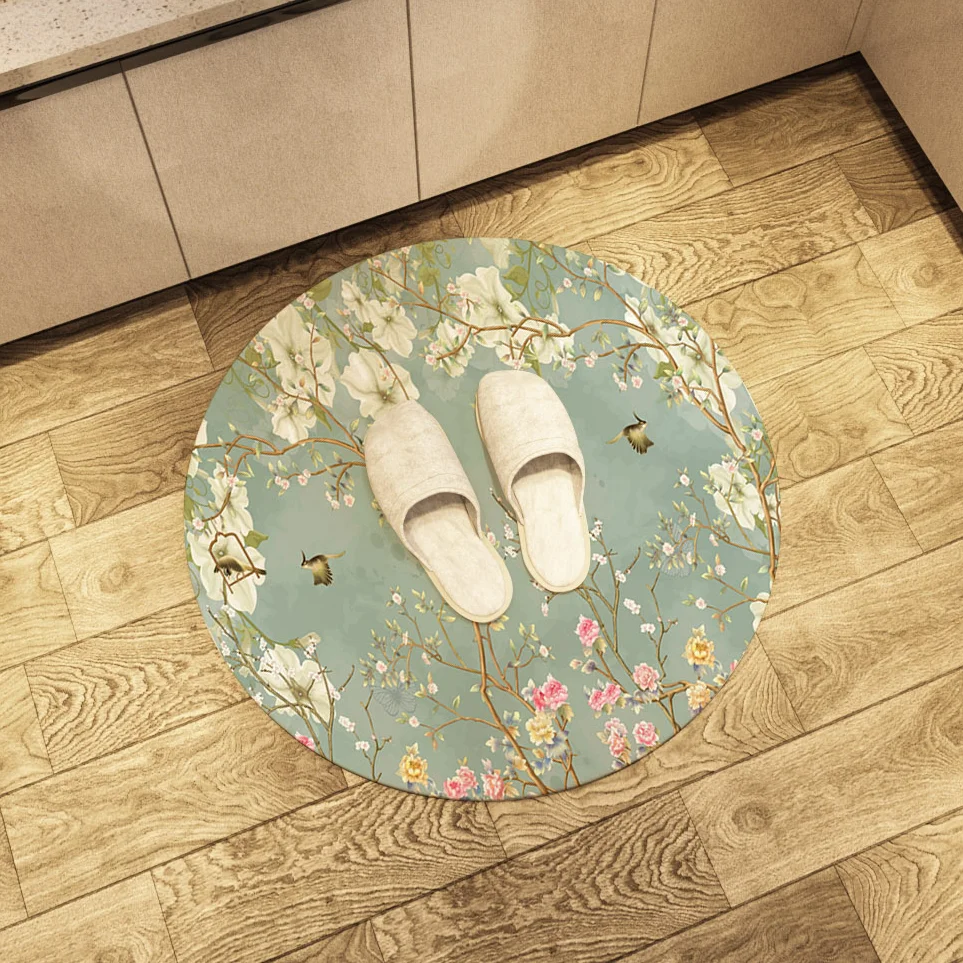 Bird and Flower Round Retro Floor Mat Print Flowers Soft  Area Rugs Large Home Living Room Bedroom Bathroom Decorate Carpet