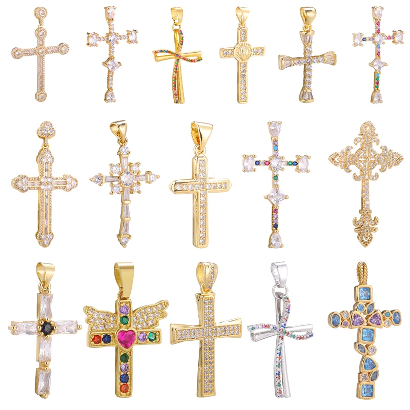 Multi-Style Crosses Pendants CHRISTIAN Angel Wings Colorful Zircon Charms Pendant For DIY Jewelry Components