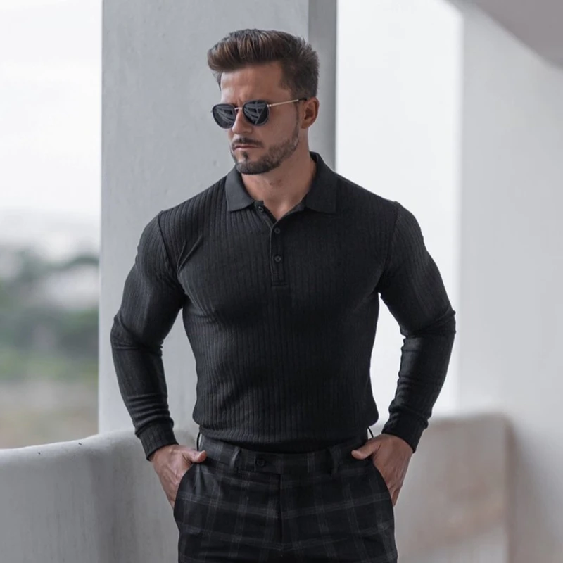 Autumn Gym Clothing Mens Knitted Long Sleeve Polo Shirt Skinny Fitness T-shirt Male Workout Bodybuilding Tee Shirt Sports Polos image 2