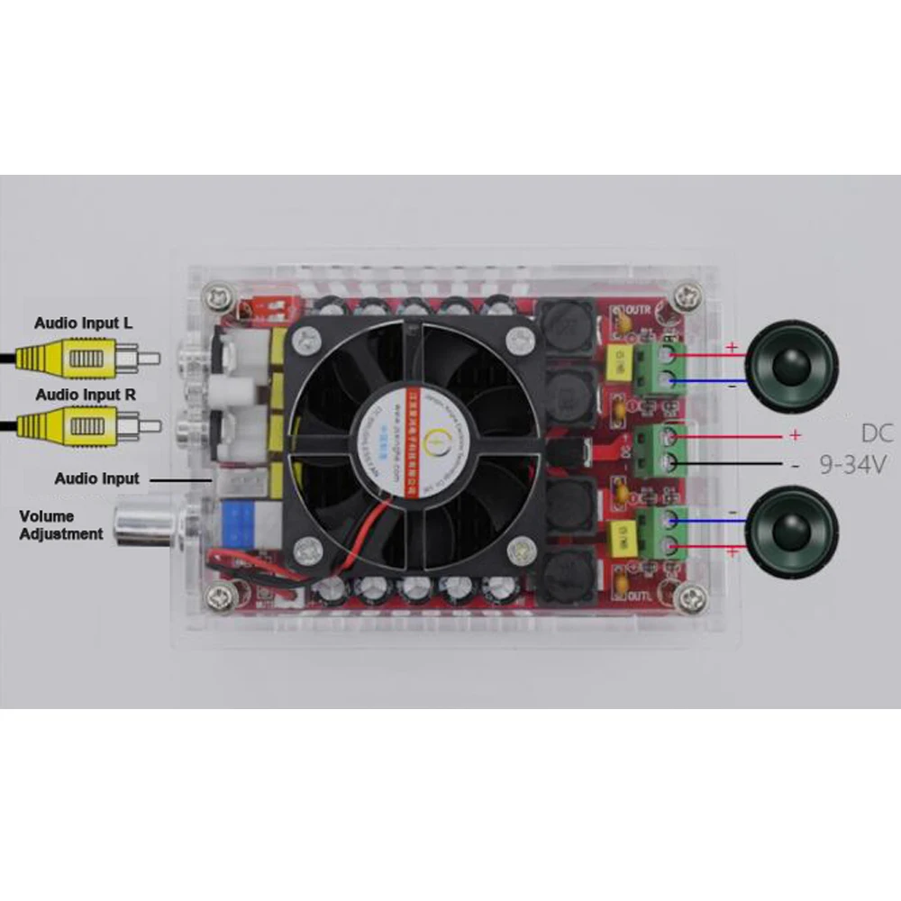 Placa amplificadora de potência digital de alta potência 2*100W DC9-34V TDA7498 com caixa e ventilador