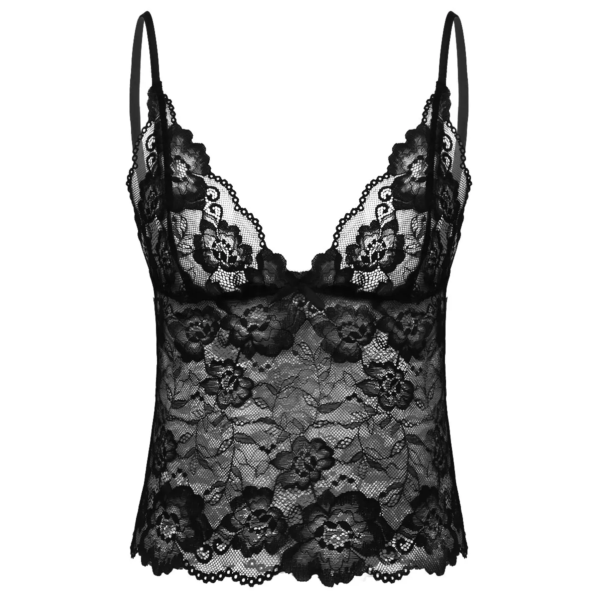 Mens Sissy See Through Sheer Floral Lace Lingerie Bras Bralette Deep V Neck Camisole Shirt Vest Crop Top Nightwear Sleepwear