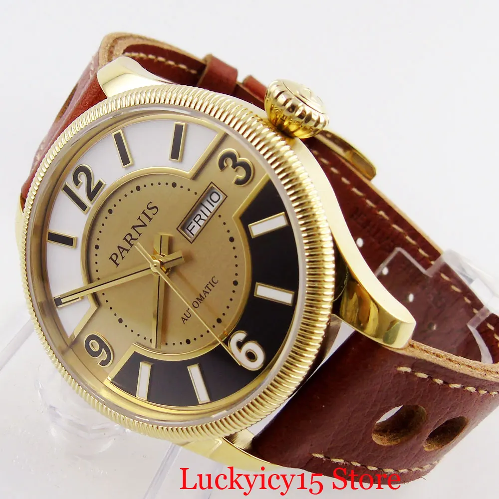 PARNIS Classic Retro Style Sapphire Gold 42mm Automatic Wristwatch Men Week Date Function 21Jewels MIYOTA Movement Leather Strap