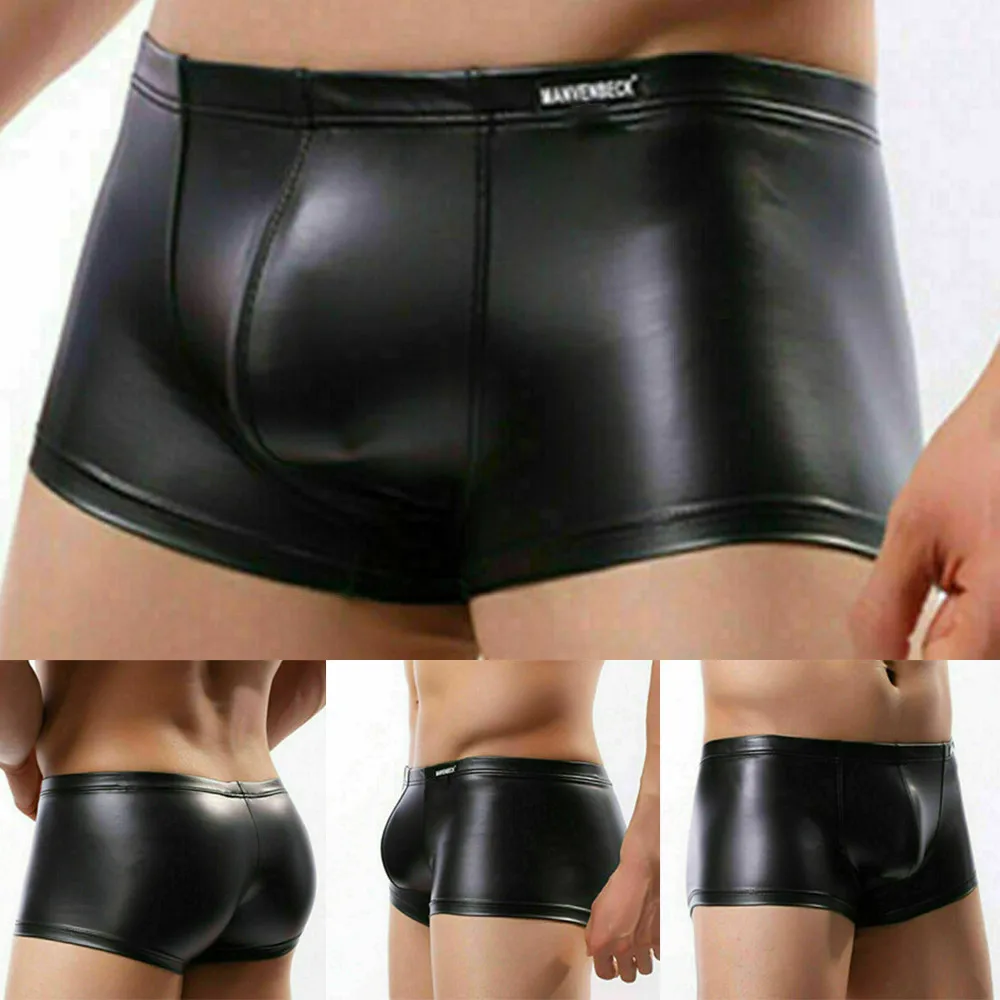 Men Sexy Leather Tight Trunk Briefs U Convex Underwear Knickers Man\'s Arrow Panties Swimming Shorts Bathsuit Gay Clubwear