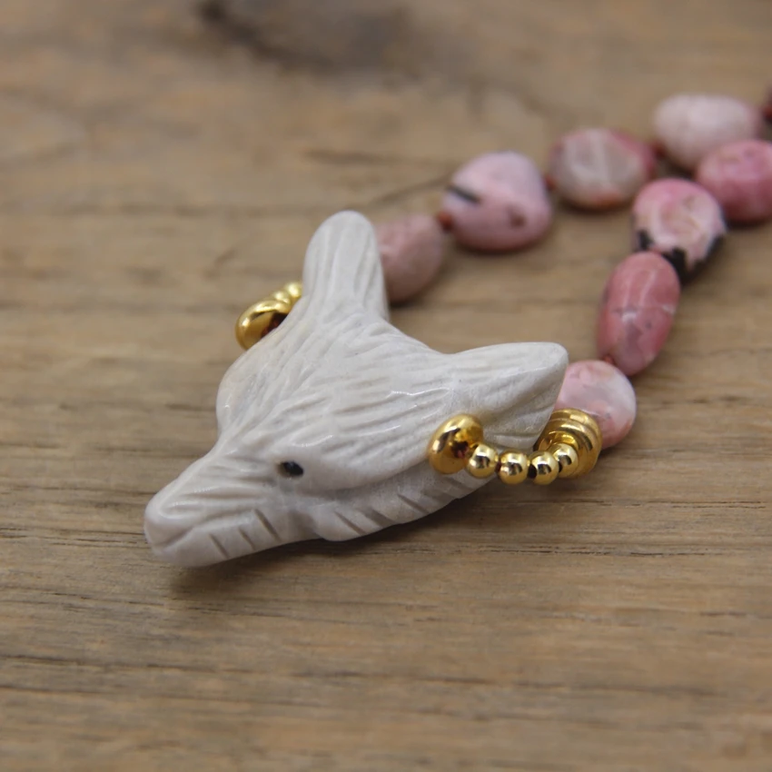 Natural Rhodonite Chip Beads Knotted Handmade Yoga Necklaces,Coral Jades Wolf Head Pendants Mala Jewelry Wholesales,QC0106